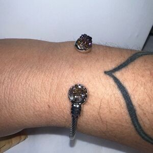 Silver Tone and Aurora Borealis Druzy Thin Adjustable Cuff Bracelet‎